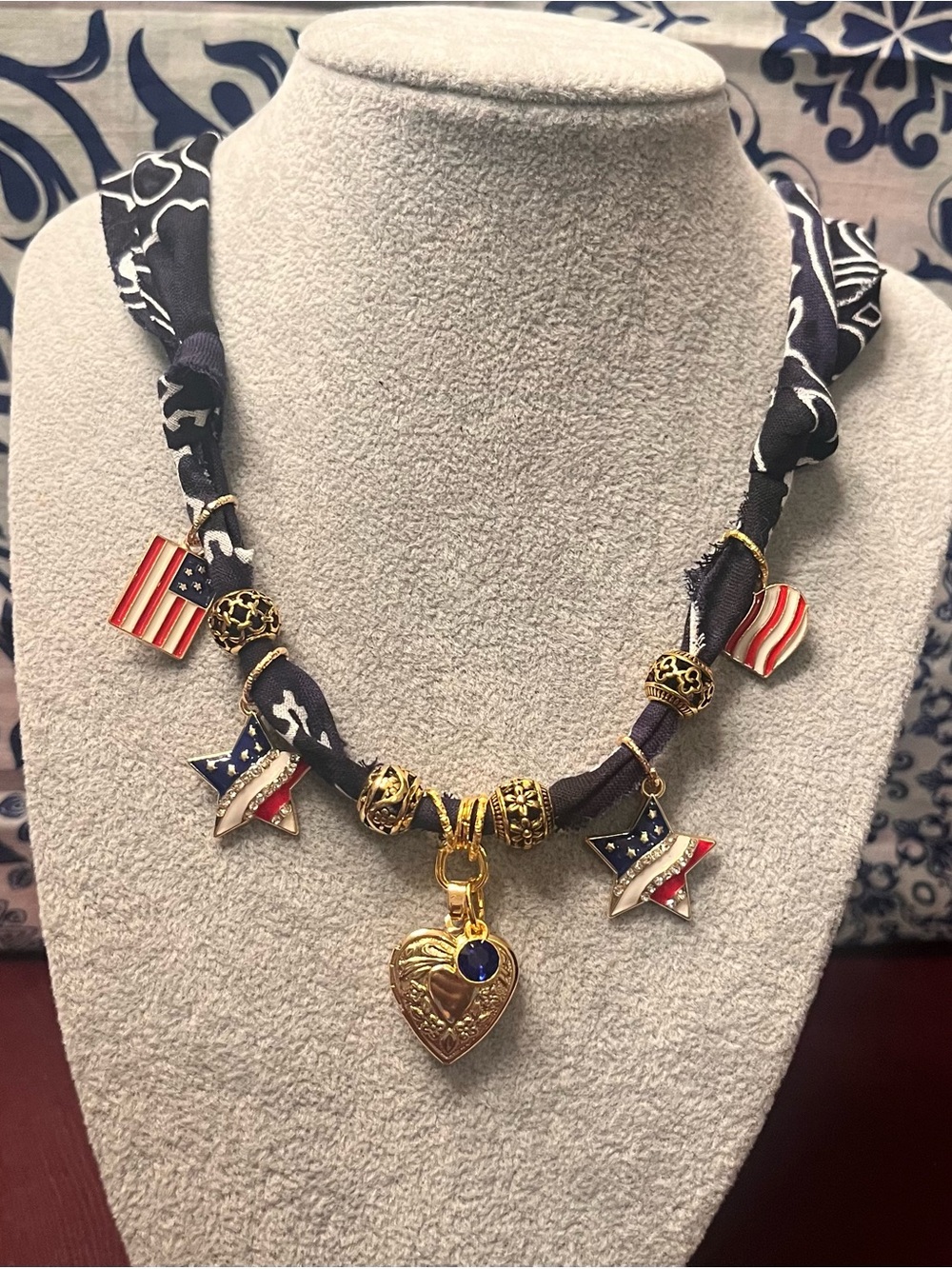 Navy Blue Patriotic Boho Bandana Necklace with Gold Patriotic Charms, 17”
